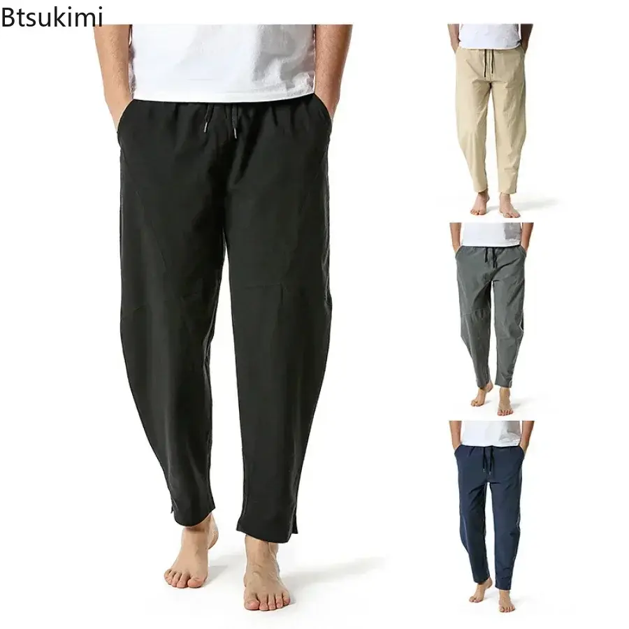 New 2025 Men's Breathable Cotton Linen Casual Trousers Fashion Loose Elastic Waist Drawstring Sport Pants Men Joggers Yoga Pants
