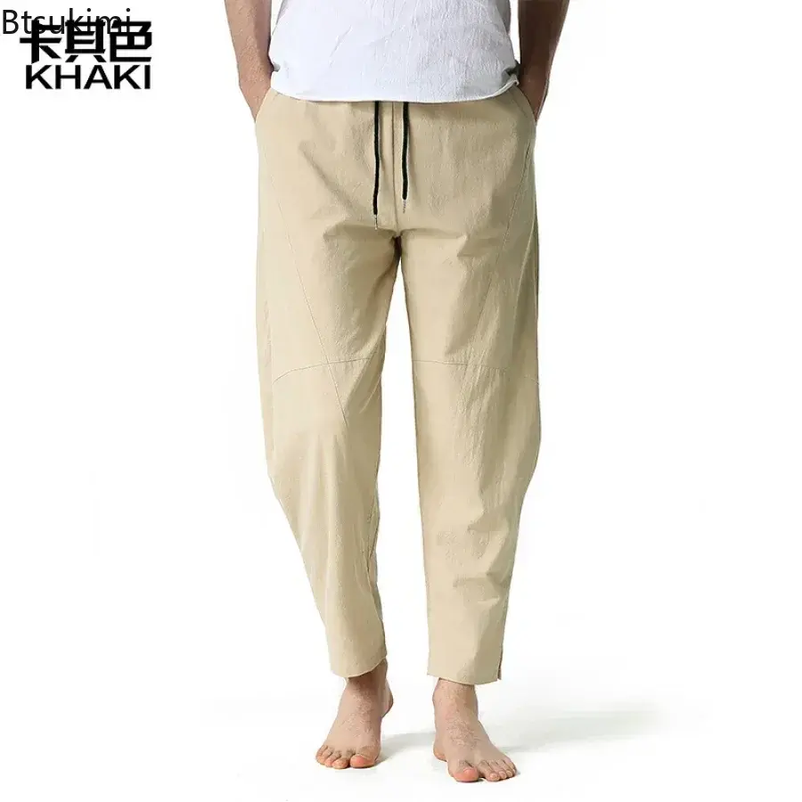 New 2025 Men's Breathable Cotton Linen Casual Trousers Fashion Loose Elastic Waist Drawstring Sport Pants Men Joggers Yoga Pants
