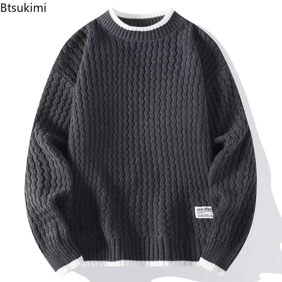 2025 Autumn/Winter Men Sweater Solid Color Round Neck Long Sleeve Versatile Knitted Pullover Top Trendy Loose Lazy Sweater Coat