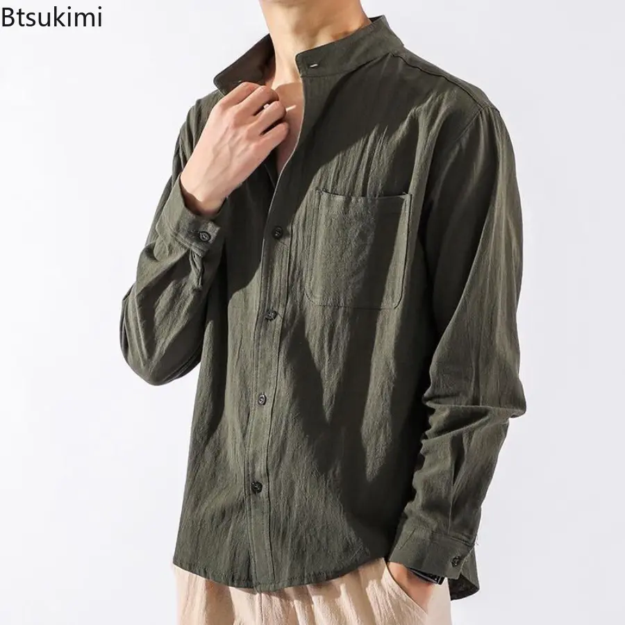 New 2025 Autumn Men's Cotton and Linen Solid Color Shirts with Pocket Fashion Trend Casual Loose Long Sleeves Cardigan for Men