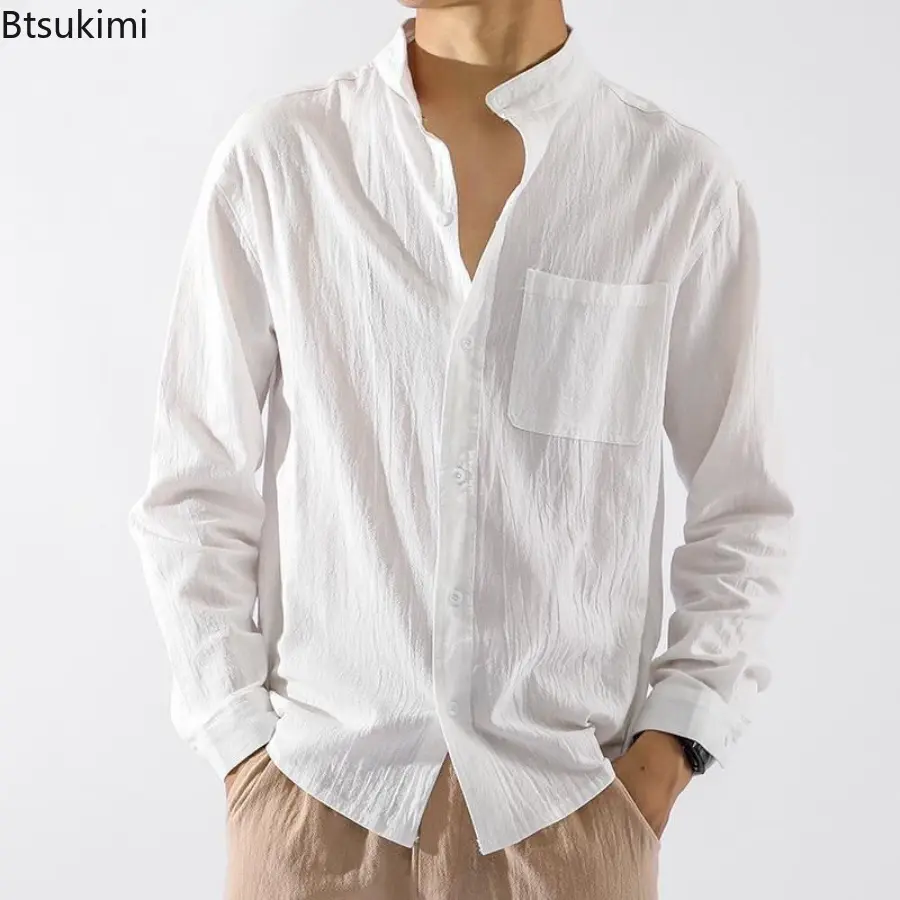 New 2025 Autumn Men's Cotton and Linen Solid Color Shirts with Pocket Fashion Trend Casual Loose Long Sleeves Cardigan for Men