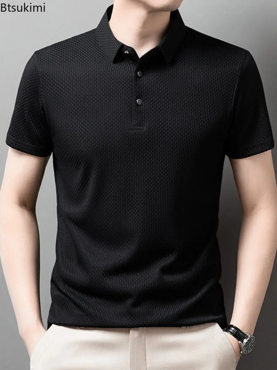New 2025 Men's Checkered Short Sleeved Shirt Solid Color Casual Loose Polo Shirt Breathable and Comfortable Elastic Top for Men