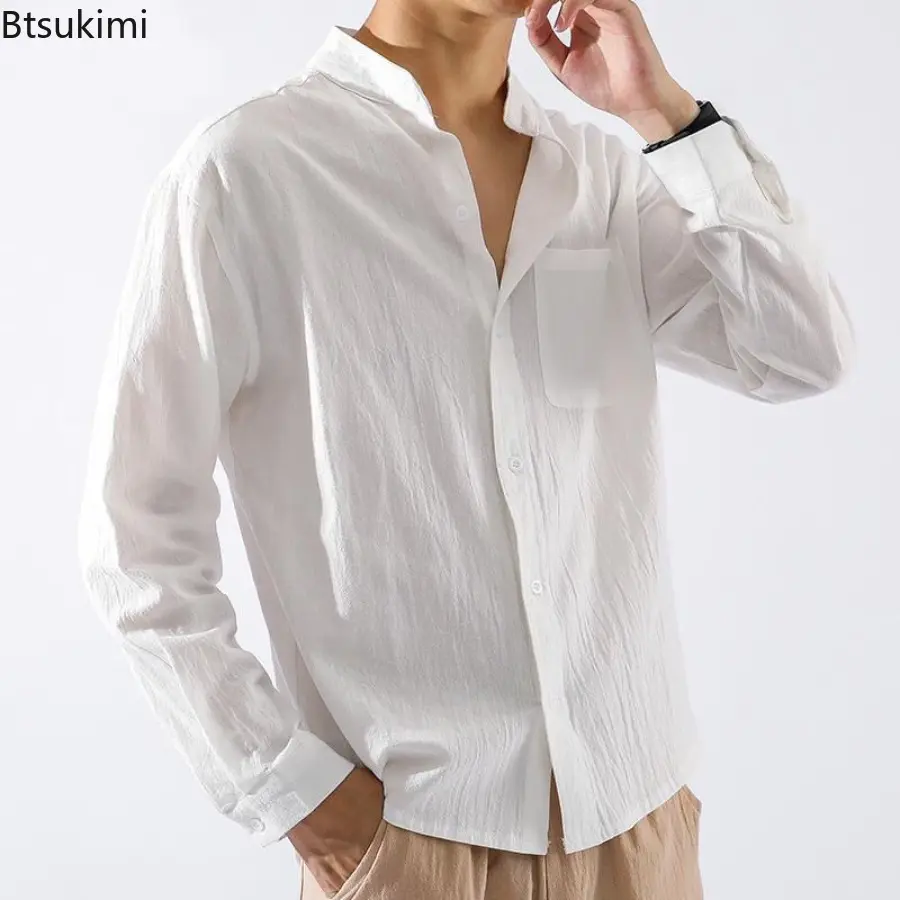 New 2025 Autumn Men's Cotton and Linen Solid Color Shirts with Pocket Fashion Trend Casual Loose Long Sleeves Cardigan for Men