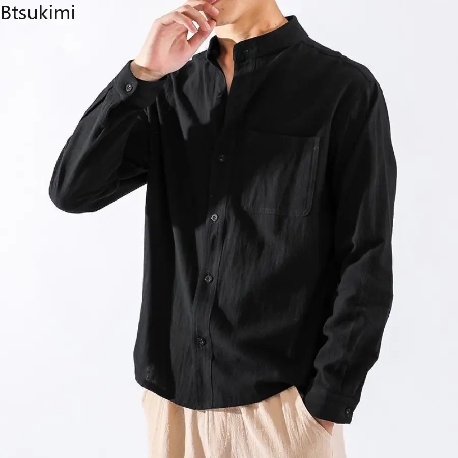 New 2025 Autumn Men's Cotton and Linen Solid Color Shirts with Pocket Fashion Trend Casual Loose Long Sleeves Cardigan for Men