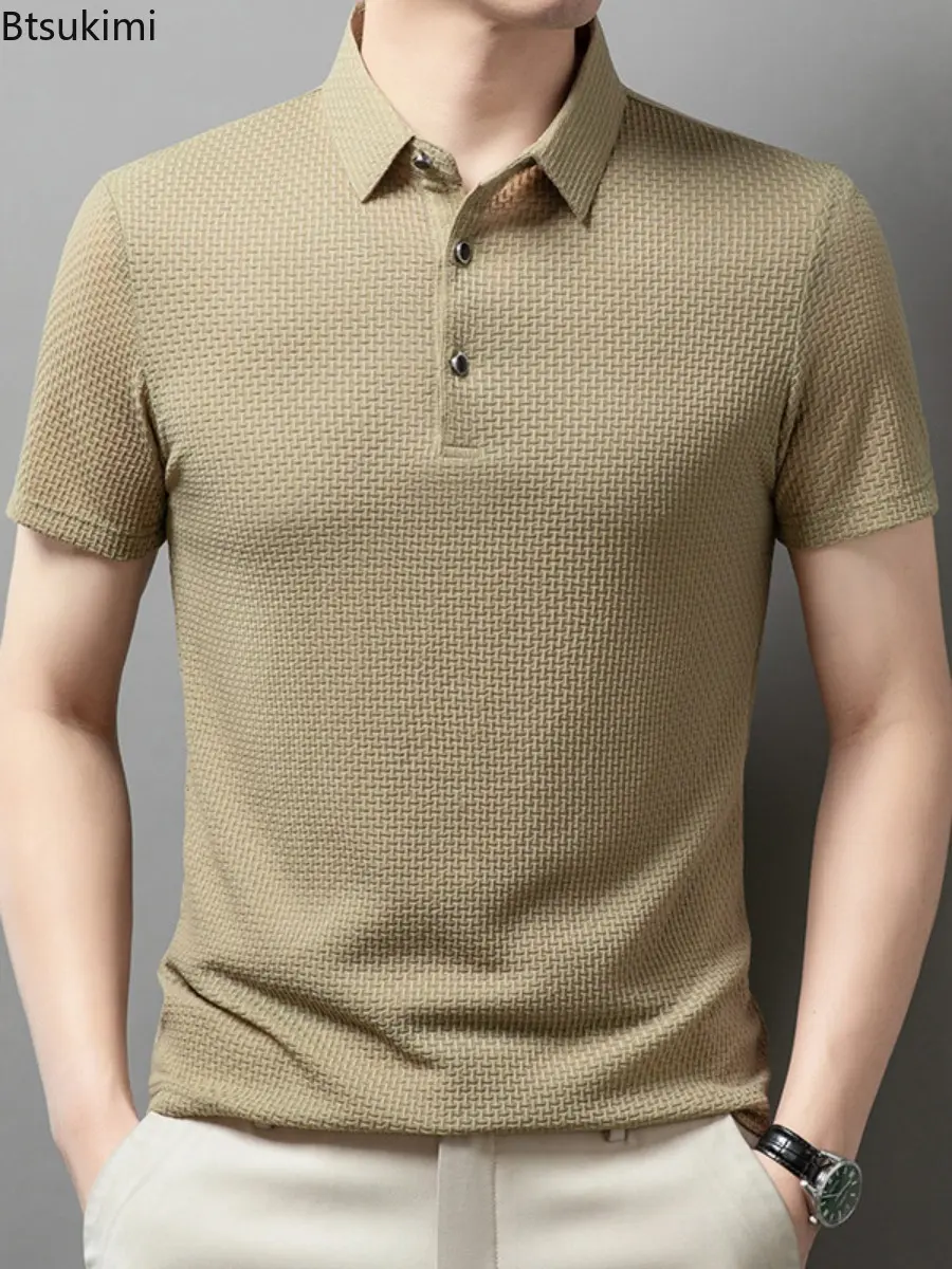 New 2025 Men's Checkered Short Sleeved Shirt Solid Color Casual Loose Polo Shirt Breathable and Comfortable Elastic Top for Men