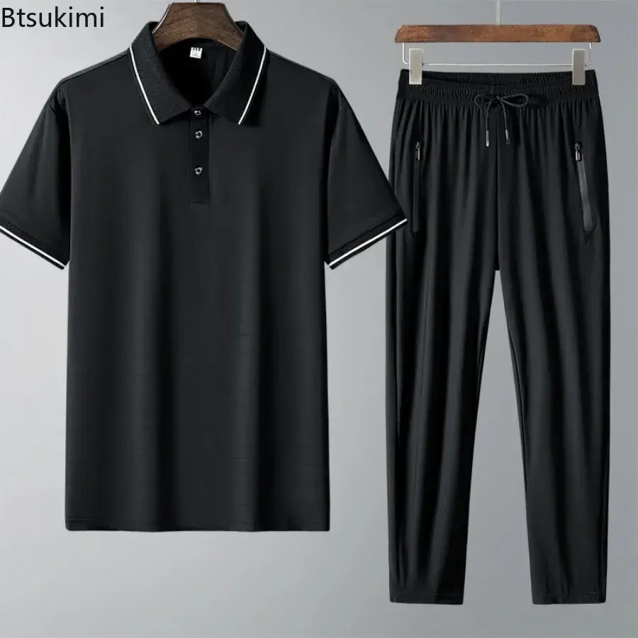 2025 High Quality Men's Short-sleeved Polo Shirt and Pants Two-pieces Summer Fashion Ice Silk Comfortable Cool Feel Casual Suits