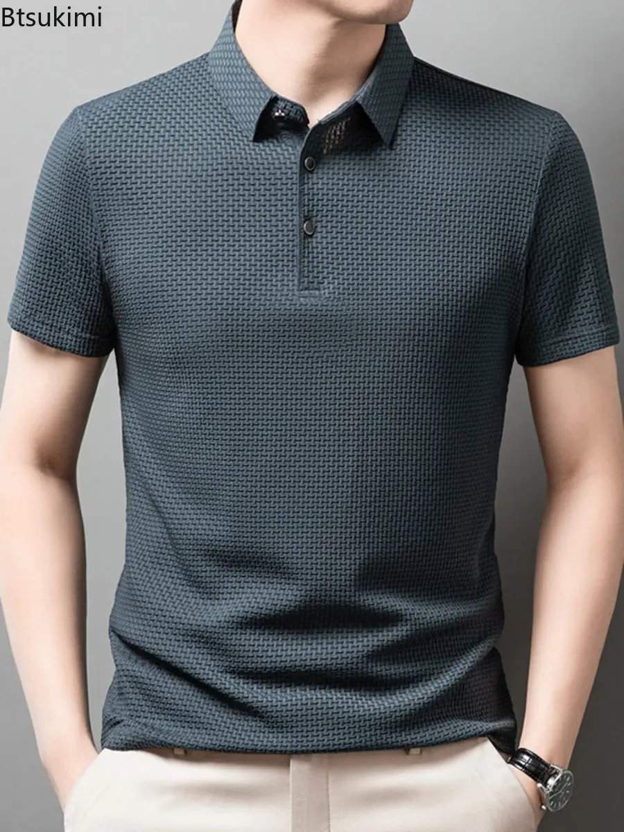 New 2025 Men's Checkered Short Sleeved Shirt Solid Color Casual Loose Polo Shirt Breathable and Comfortable Elastic Top for Men