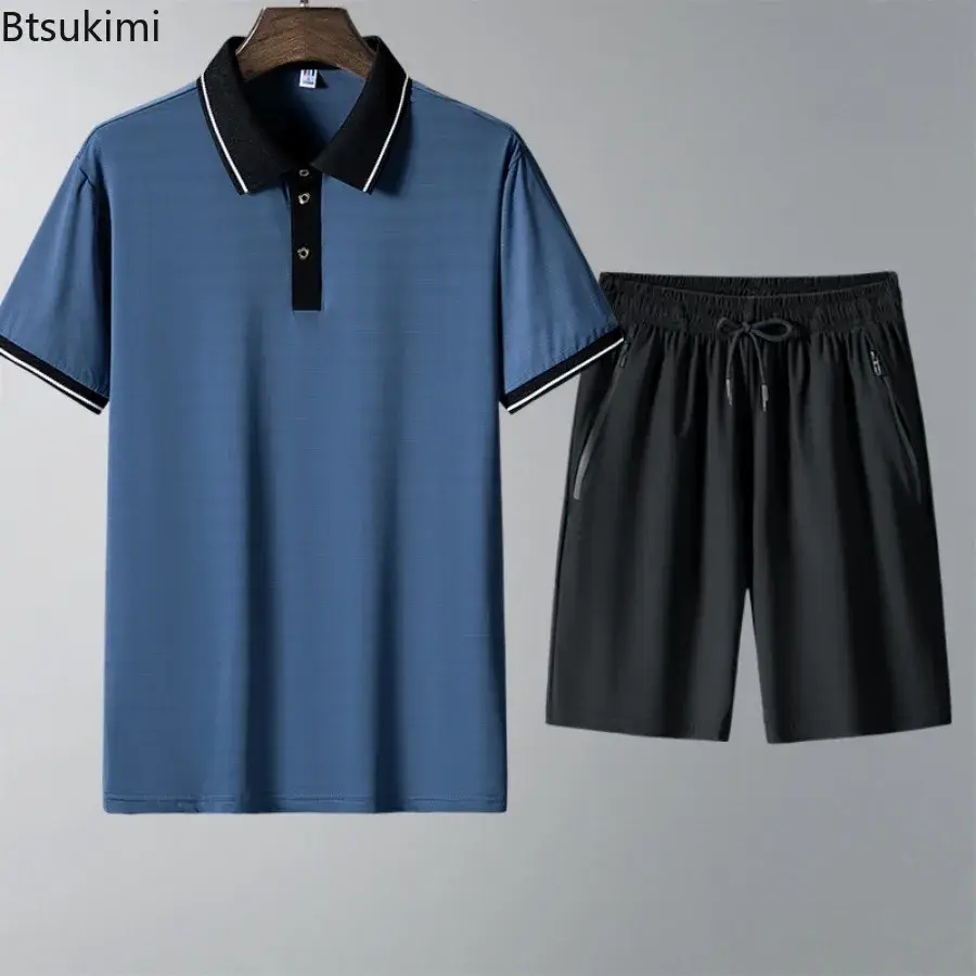 2025 High Quality Men's Short-sleeved Polo Shirt and Pants Two-pieces Summer Fashion Ice Silk Comfortable Cool Feel Casual Suits