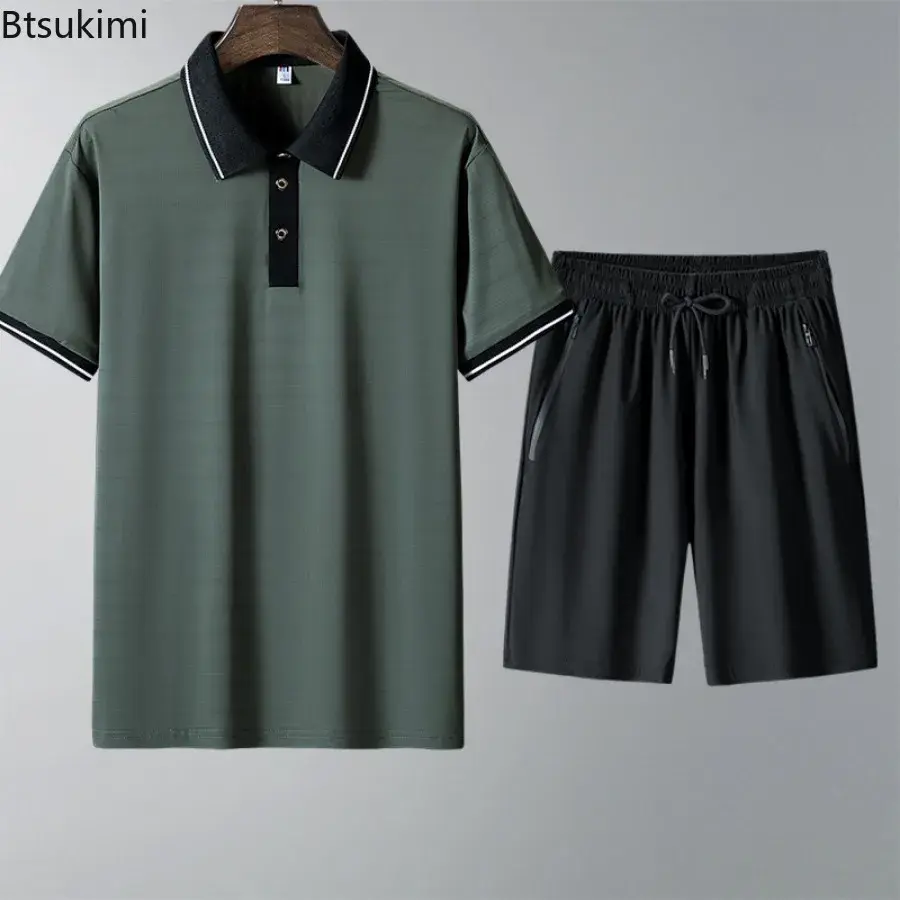 2025 High Quality Men's Short-sleeved Polo Shirt and Pants Two-pieces Summer Fashion Ice Silk Comfortable Cool Feel Casual Suits