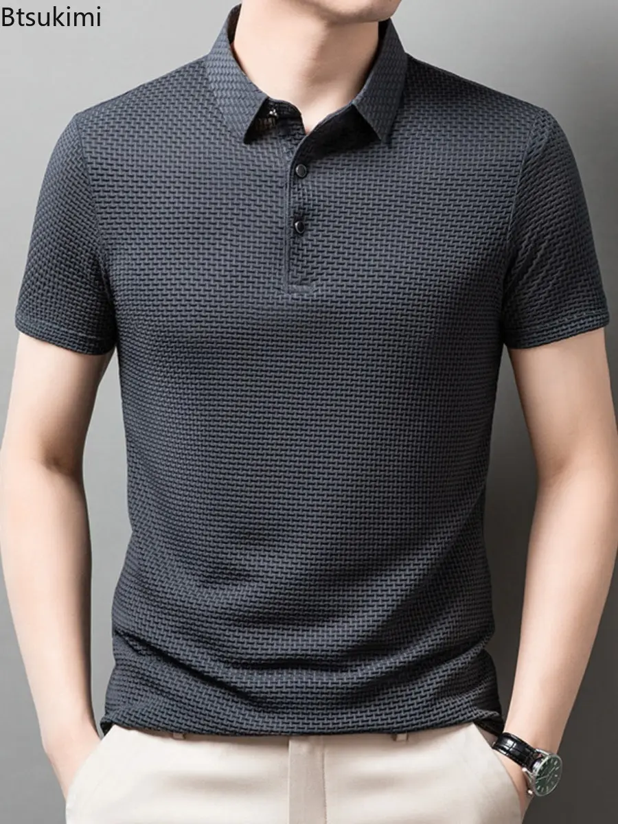 New 2025 Men's Checkered Short Sleeved Shirt Solid Color Casual Loose Polo Shirt Breathable and Comfortable Elastic Top for Men