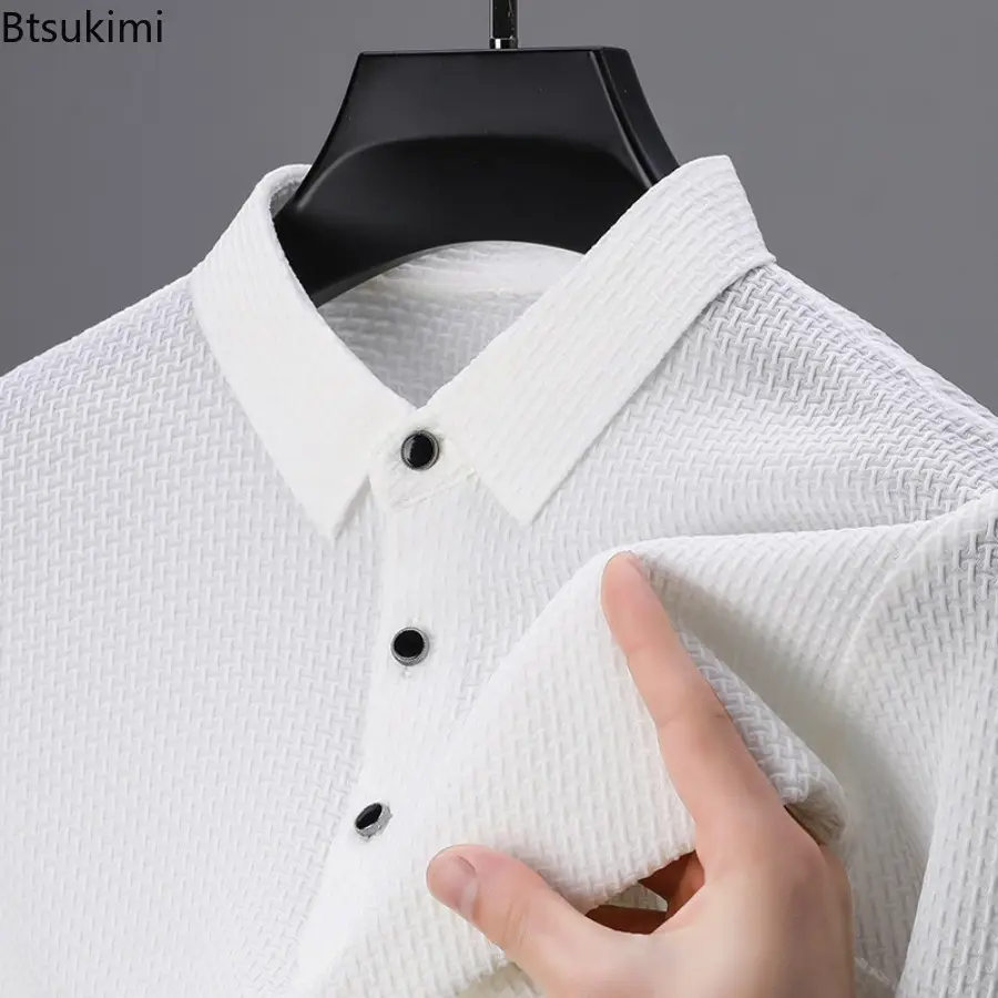 New 2025 Men's Checkered Short Sleeved Shirt Solid Color Casual Loose Polo Shirt Breathable and Comfortable Elastic Top for Men