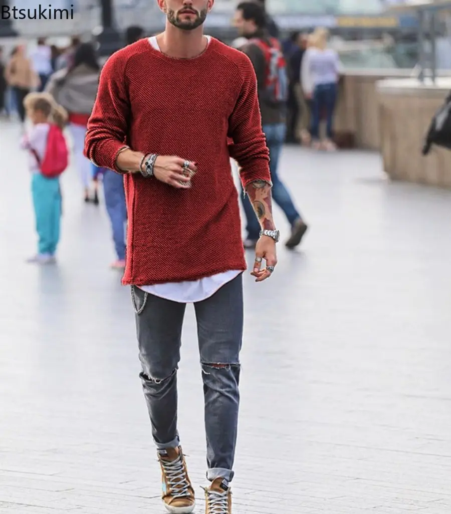 2025 Autumn and Winter Solid Color Mens Knitted Sweaters Long Sleeved Round Necked Pullover Sweaters Casual  Fashion Mens Tops