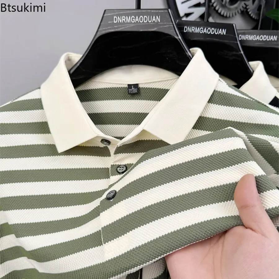 New 2025 Men's Summer Short Sleeve Polo Shirt New Style Fashion Striped Casual and Loose Top for Men Leisure Lapel T-shirt Male