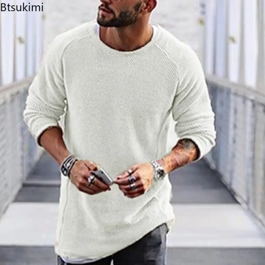 2025 Autumn and Winter Solid Color Mens Knitted Sweaters Long Sleeved Round Necked Pullover Sweaters Casual  Fashion Mens Tops
