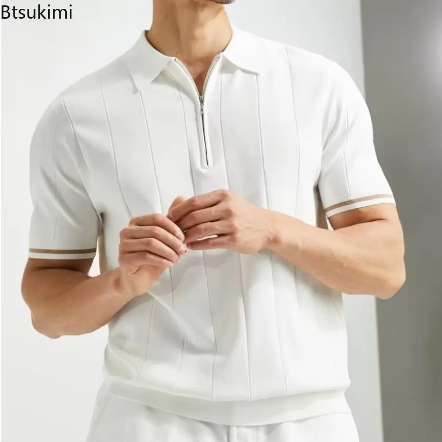 New 2025 Men's Summer Casual Zipper Polo Shirt Solid Color Lapel Knitwear T-shirt for Men Breathable Leisure and Loose Tops Male