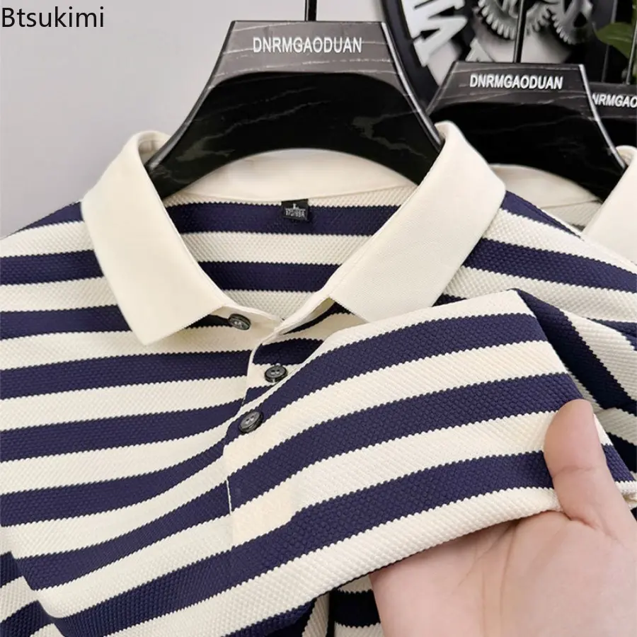 New 2025 Men's Summer Short Sleeve Polo Shirt New Style Fashion Striped Casual and Loose Top for Men Leisure Lapel T-shirt Male