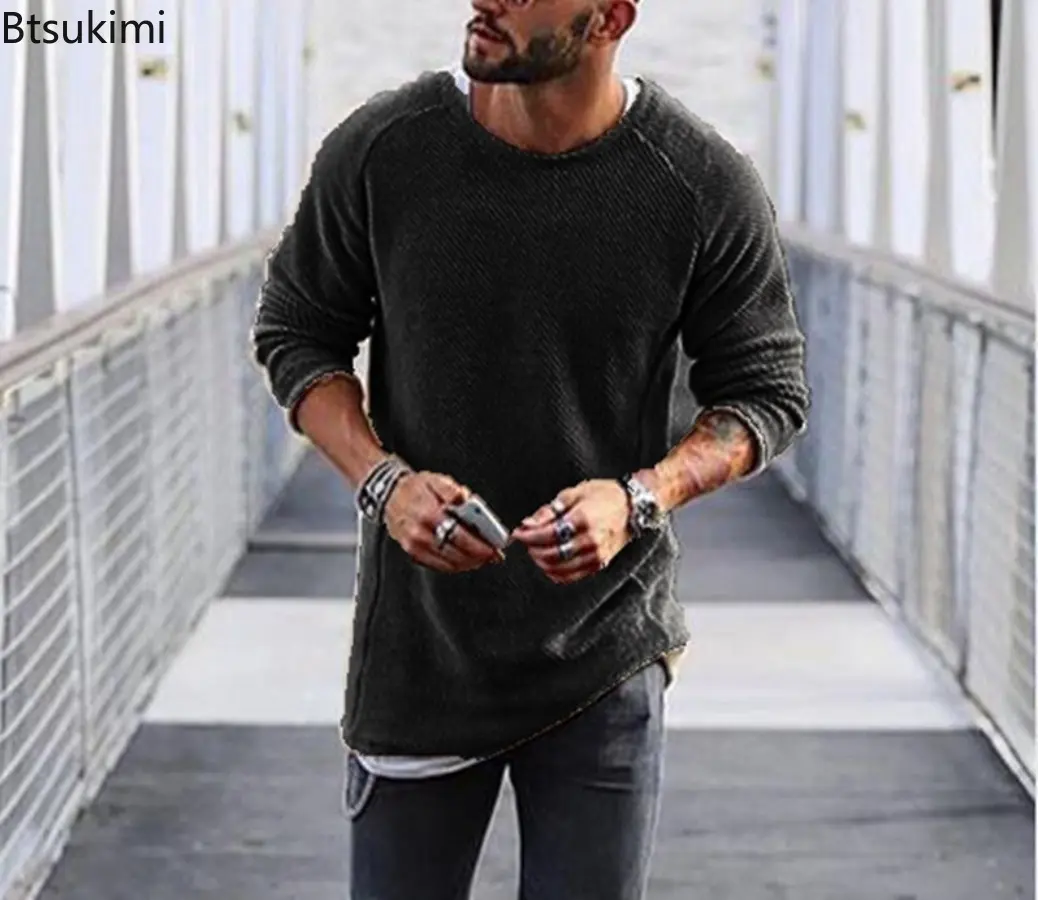 2025 Autumn and Winter Solid Color Mens Knitted Sweaters Long Sleeved Round Necked Pullover Sweaters Casual  Fashion Mens Tops