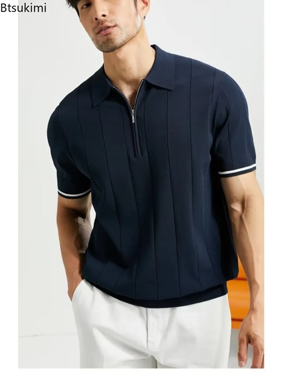 New 2025 Men's Summer Casual Zipper Polo Shirt Solid Color Lapel Knitwear T-shirt for Men Breathable Leisure and Loose Tops Male