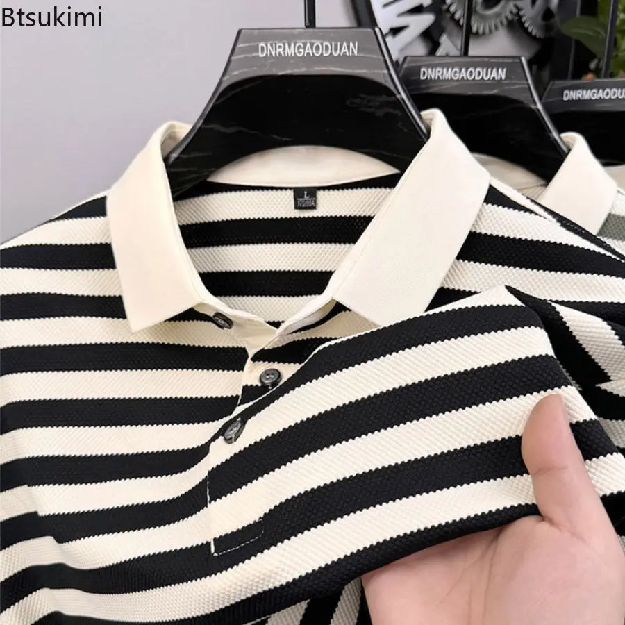 New 2025 Men's Summer Short Sleeve Polo Shirt New Style Fashion Striped Casual and Loose Top for Men Leisure Lapel T-shirt Male