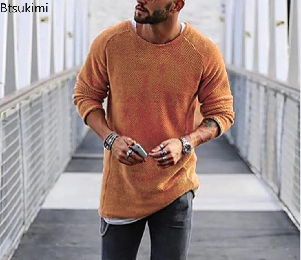 2025 Autumn and Winter Solid Color Mens Knitted Sweaters Long Sleeved Round Necked Pullover Sweaters Casual  Fashion Mens Tops