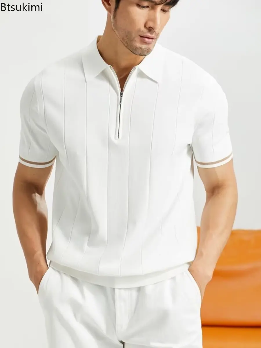 New 2025 Men's Summer Casual Zipper Polo Shirt Solid Color Lapel Knitwear T-shirt for Men Breathable Leisure and Loose Tops Male