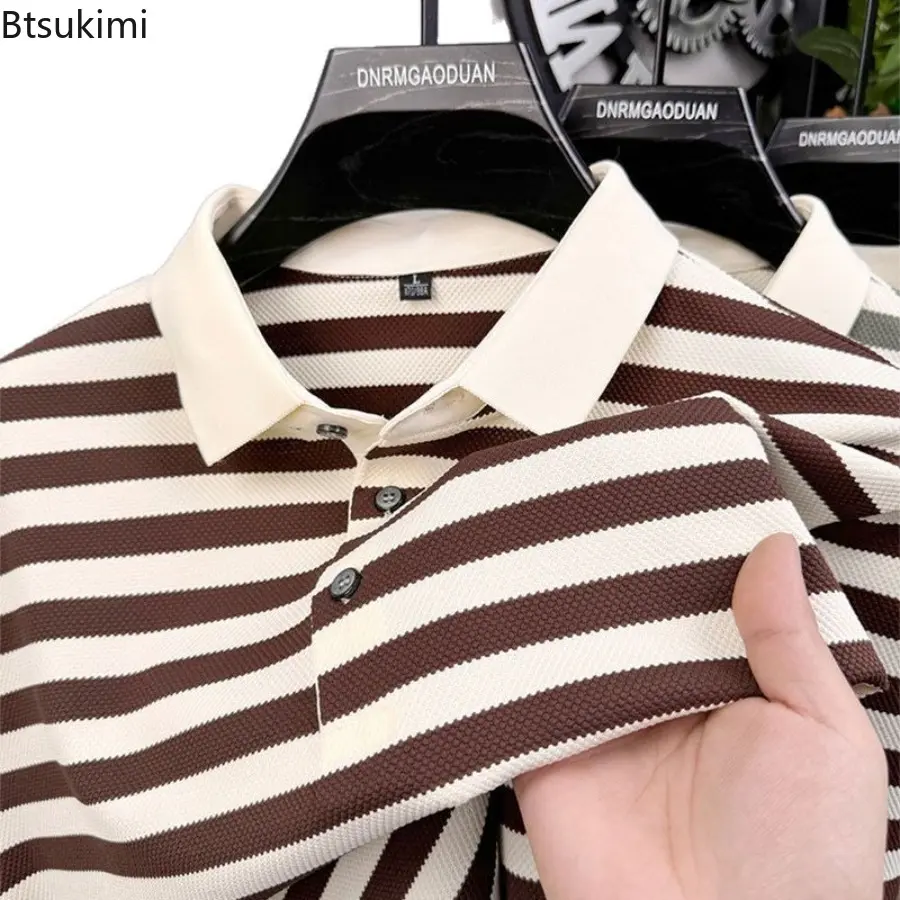 New 2025 Men's Summer Short Sleeve Polo Shirt New Style Fashion Striped Casual and Loose Top for Men Leisure Lapel T-shirt Male