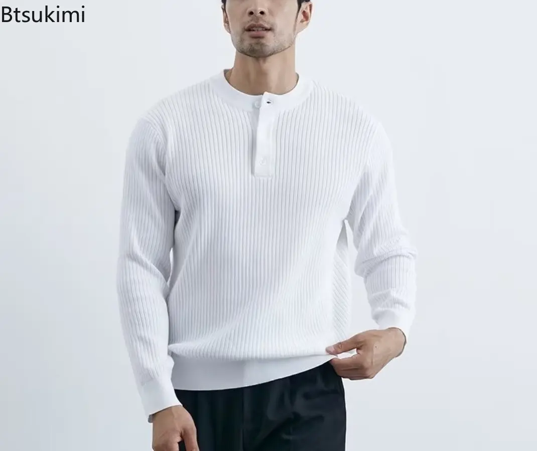 2025 Autumn Men's Henry Collar Knit Sweater Fashionable Solid Button-down Long Sleeve Retro Leisure Pullovers Trendy Knitwear