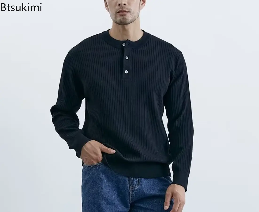 2025 Autumn Men's Henry Collar Knit Sweater Fashionable Solid Button-down Long Sleeve Retro Leisure Pullovers Trendy Knitwear