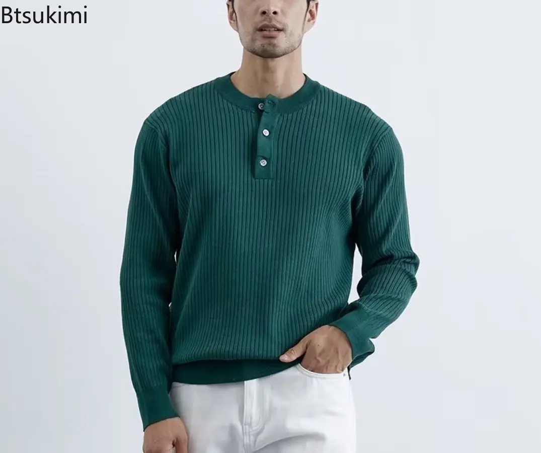 2025 Autumn Men's Henry Collar Knit Sweater Fashionable Solid Button-down Long Sleeve Retro Leisure Pullovers Trendy Knitwear