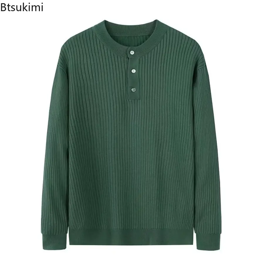 2025 Autumn Men's Henry Collar Knit Sweater Fashionable Solid Button-down Long Sleeve Retro Leisure Pullovers Trendy Knitwear