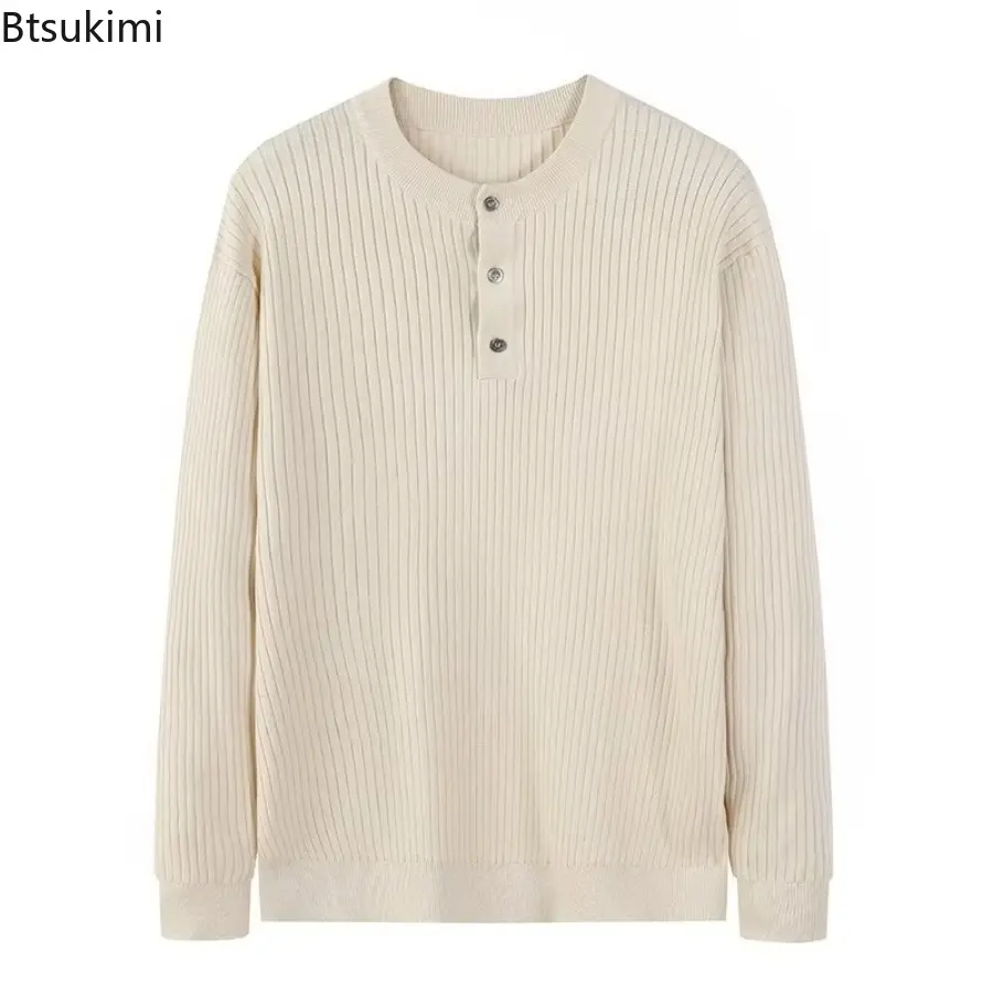 2025 Autumn Men's Henry Collar Knit Sweater Fashionable Solid Button-down Long Sleeve Retro Leisure Pullovers Trendy Knitwear