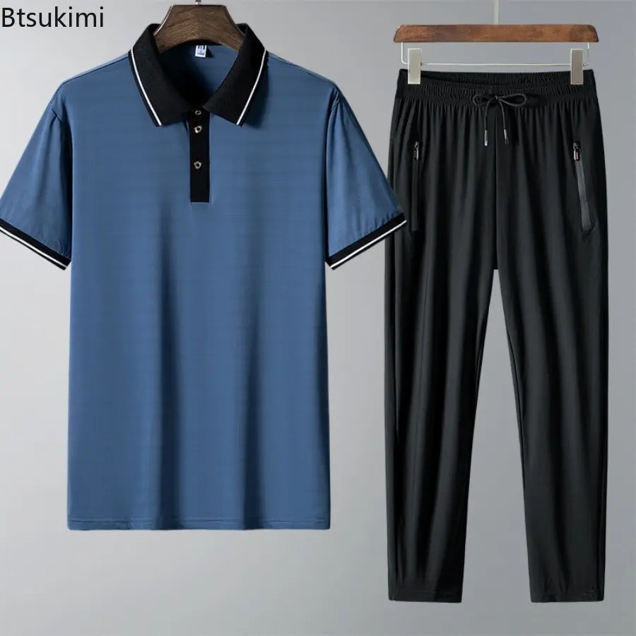 Fashion Contrast Color Polo Shirt Sets Men's Ice Silk Short Sleeve T-shirt+Shorts Casual Suits Men Summer Comfy Cool Tracksuits
