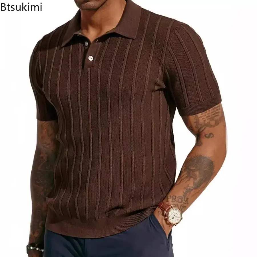 Fashion Vintage Striped Knit Shirts Men's Solid Short Sleeve Comfy Breathable Tops Summer Cool Casual Polo Shirts Golf Wear Male