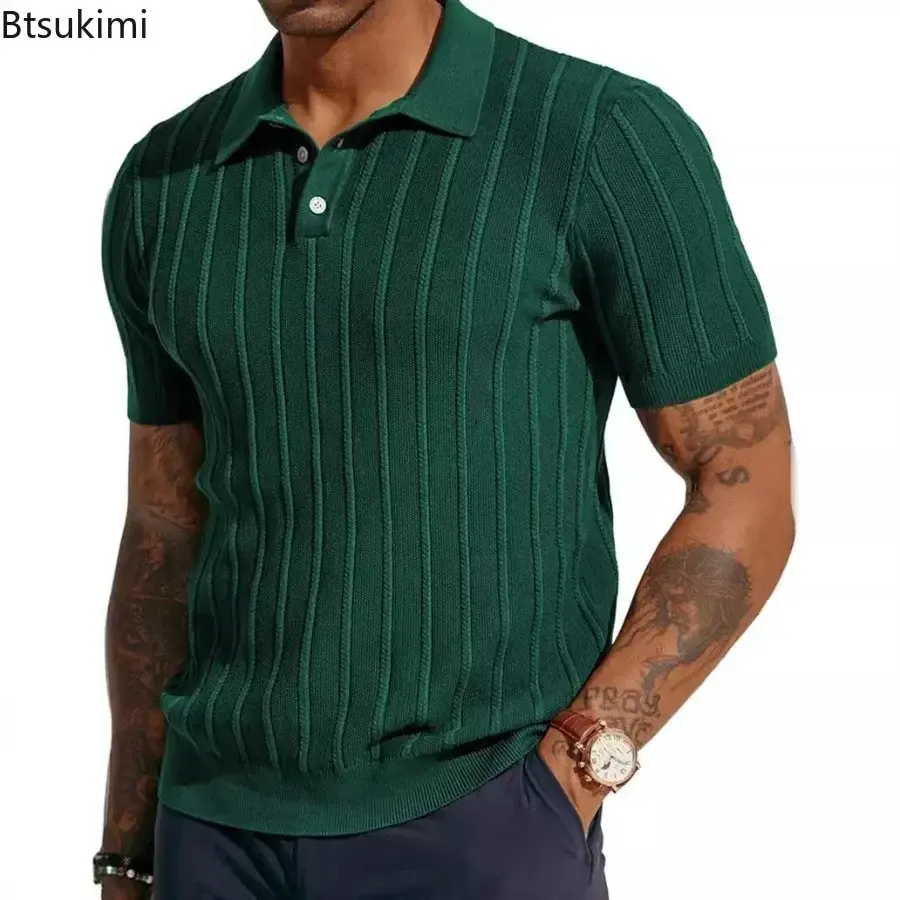 Fashion Vintage Striped Knit Shirts Men's Solid Short Sleeve Comfy Breathable Tops Summer Cool Casual Polo Shirts Golf Wear Male