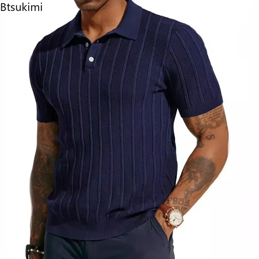 Fashion Vintage Striped Knit Shirts Men's Solid Short Sleeve Comfy Breathable Tops Summer Cool Casual Polo Shirts Golf Wear Male