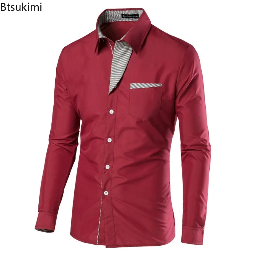 New 2025 Men's Patchwork Long Sleeve Shirts Fashion Slim Business Casual Shirts Striped Colorblock Design Male Blouse Streetwear
