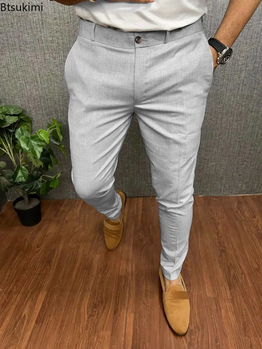 Fashion New Men's Solid Slim Business Casual Trousers Retro Mid-waist Pencil Pants Men Office Party Formal Suit Pants Streetwear
