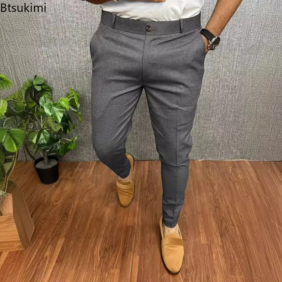 Fashion New Men's Solid Slim Business Casual Trousers Retro Mid-waist Pencil Pants Men Office Party Formal Suit Pants Streetwear