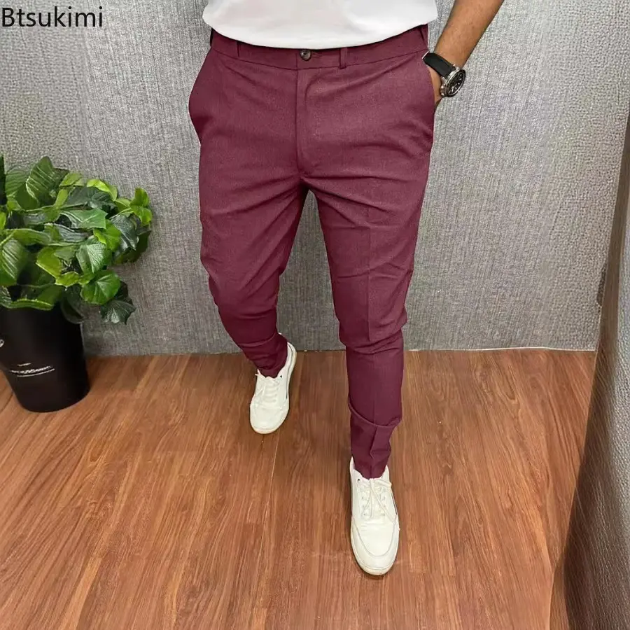 Fashion New Men's Solid Slim Business Casual Trousers Retro Mid-waist Pencil Pants Men Office Party Formal Suit Pants Streetwear