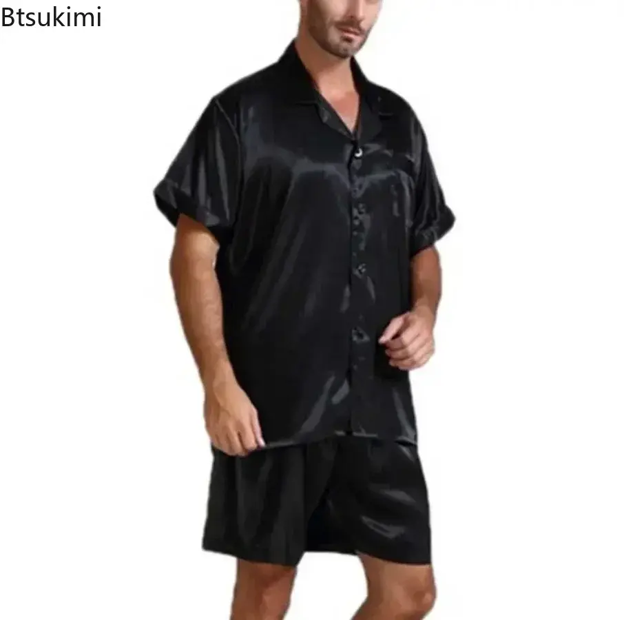 New Men's Summer Pajamas Sets Comfortable Satin Silk Short Sleeve Homewear Two Piece Sets Tops+Shorts Male Solid Sleepwear Suit