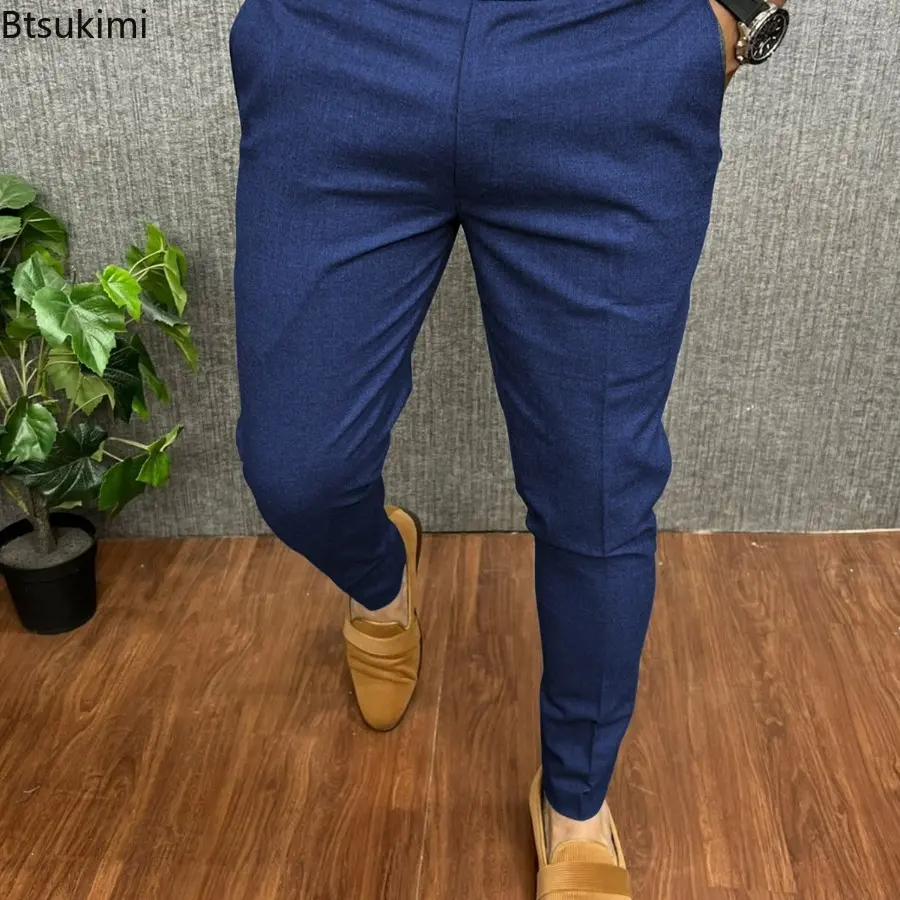 Fashion New Men's Solid Slim Business Casual Trousers Retro Mid-waist Pencil Pants Men Office Party Formal Suit Pants Streetwear