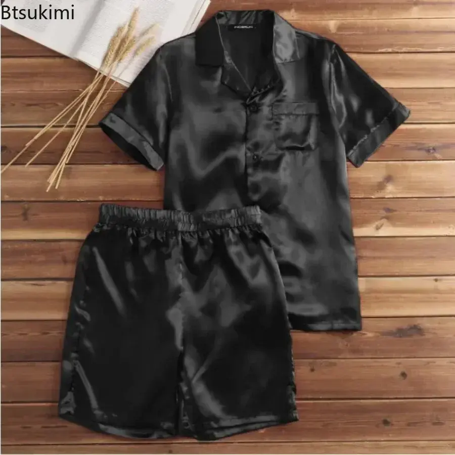New Men's Summer Pajamas Sets Comfortable Satin Silk Short Sleeve Homewear Two Piece Sets Tops+Shorts Male Solid Sleepwear Suit