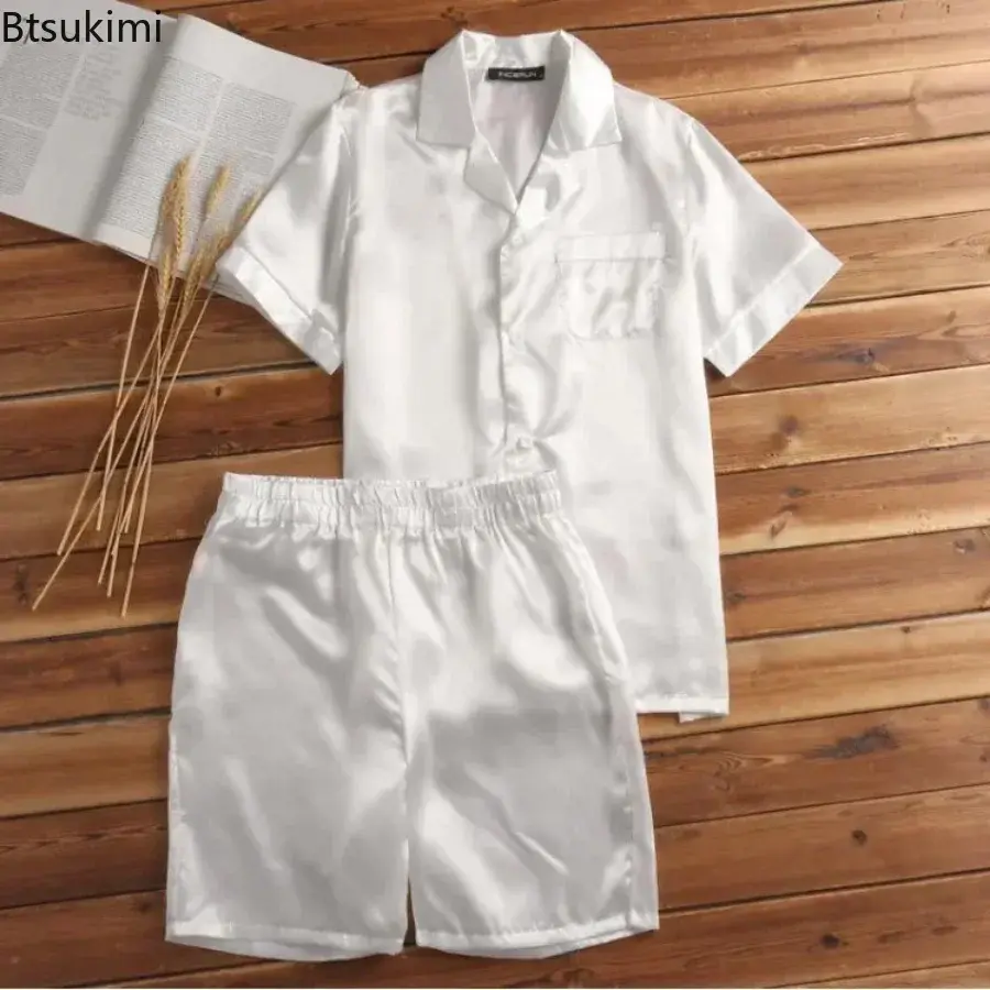 New Men's Summer Pajamas Sets Comfortable Satin Silk Short Sleeve Homewear Two Piece Sets Tops+Shorts Male Solid Sleepwear Suit