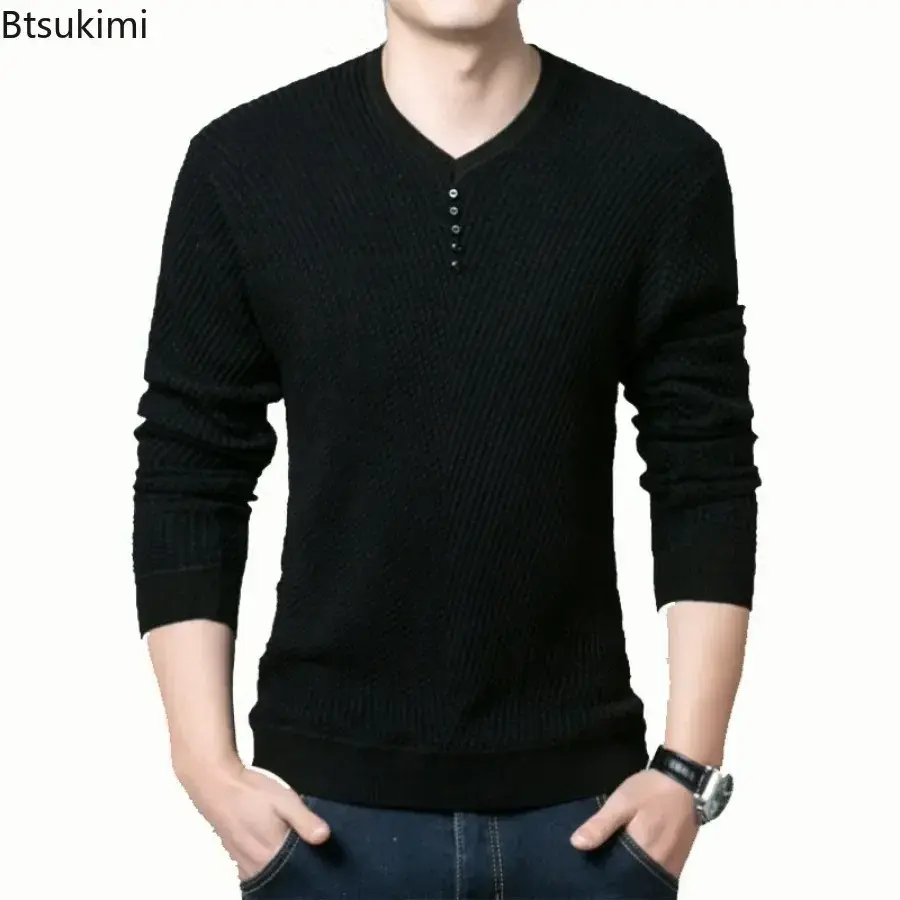 2025 Men's Knitted Thin Sweaters Vintage V-neck Long-sleeved Pullover Tops Korean Style Slim Casual Knit Sweater Streetwear Male