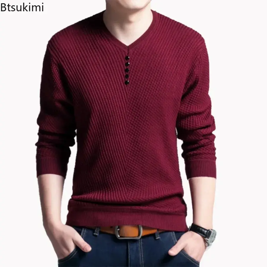 2025 Men's Knitted Thin Sweaters Vintage V-neck Long-sleeved Pullover Tops Korean Style Slim Casual Knit Sweater Streetwear Male