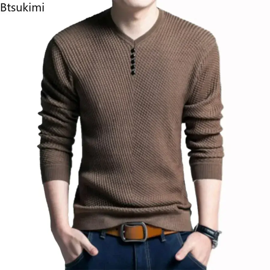 2025 Men's Knitted Thin Sweaters Vintage V-neck Long-sleeved Pullover Tops Korean Style Slim Casual Knit Sweater Streetwear Male
