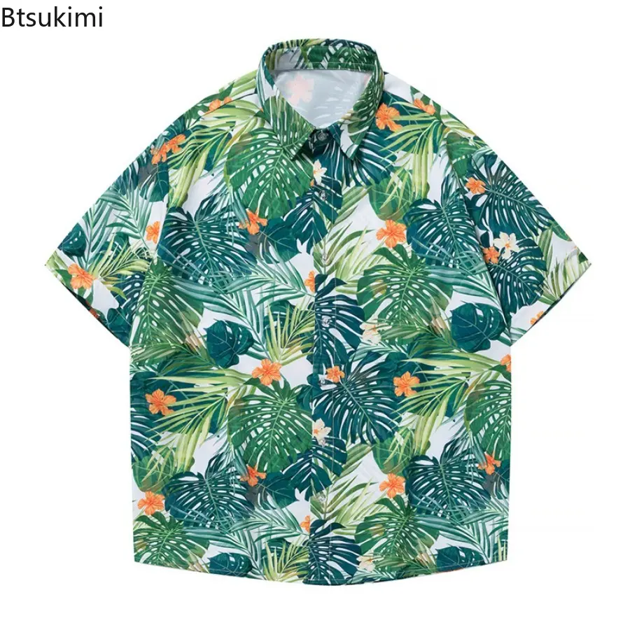 2025 Fashion Summer Short Sleeve Printed Shirts for Men Hawaiian Style Loose Casual Ice Silk Shirt Men Quick Drying Beach Blouse