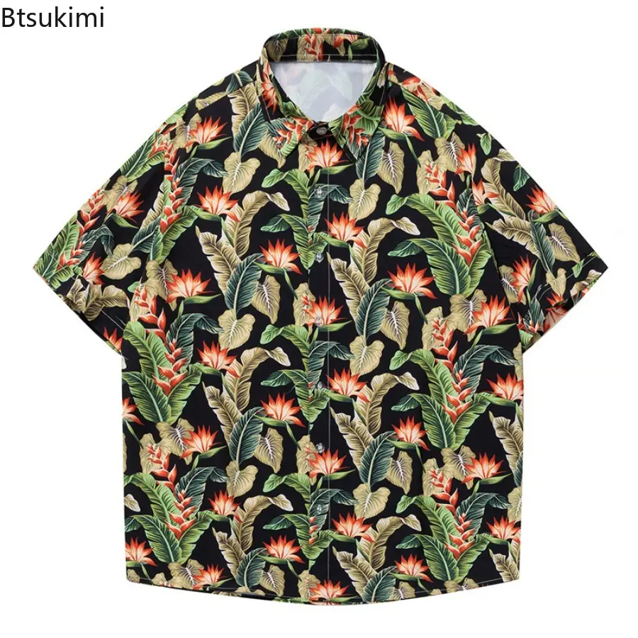 2025 Fashion Summer Short Sleeve Printed Shirts for Men Hawaiian Style Loose Casual Ice Silk Shirt Men Quick Drying Beach Blouse