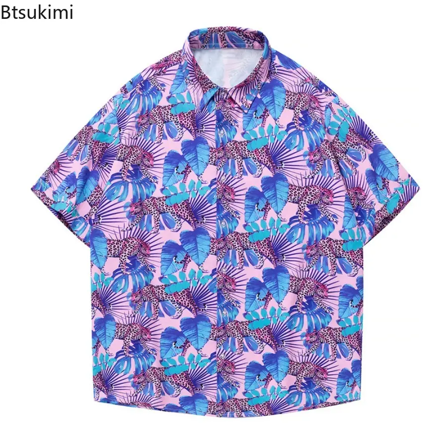 2025 Fashion Summer Short Sleeve Printed Shirts for Men Hawaiian Style Loose Casual Ice Silk Shirt Men Quick Drying Beach Blouse