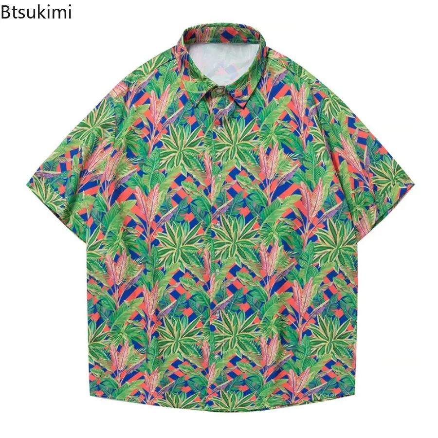 2025 Fashion Summer Short Sleeve Printed Shirts for Men Hawaiian Style Loose Casual Ice Silk Shirt Men Quick Drying Beach Blouse